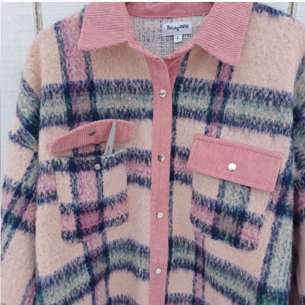 Pink Plaid Button-Up Thick Shirt Jacket - Picture 4 of 4
